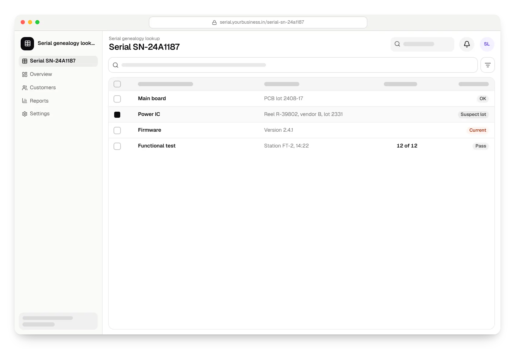 Electronics manufacturing software serial genealogy lookup serial SN-24A1187 table in a web browser