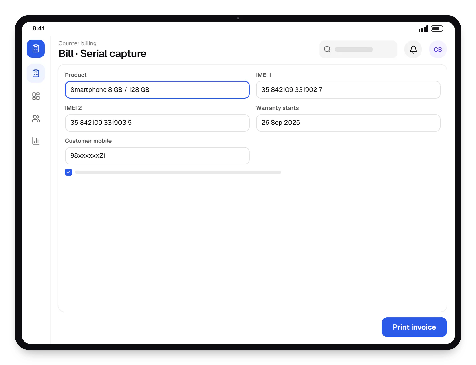 Electronics software counter billing bill on a tablet, with input fields and an action button