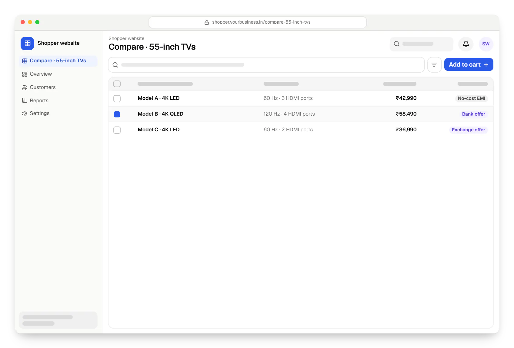 Electronics software shopper website compare table in a web browser, with 3 rows and status labels