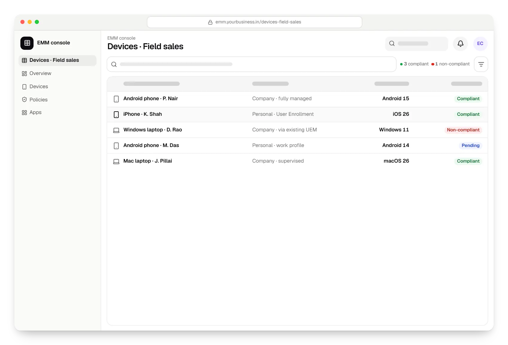 Enterprise mobility management EMM console devices table in a web browser, with 5 rows and status labels