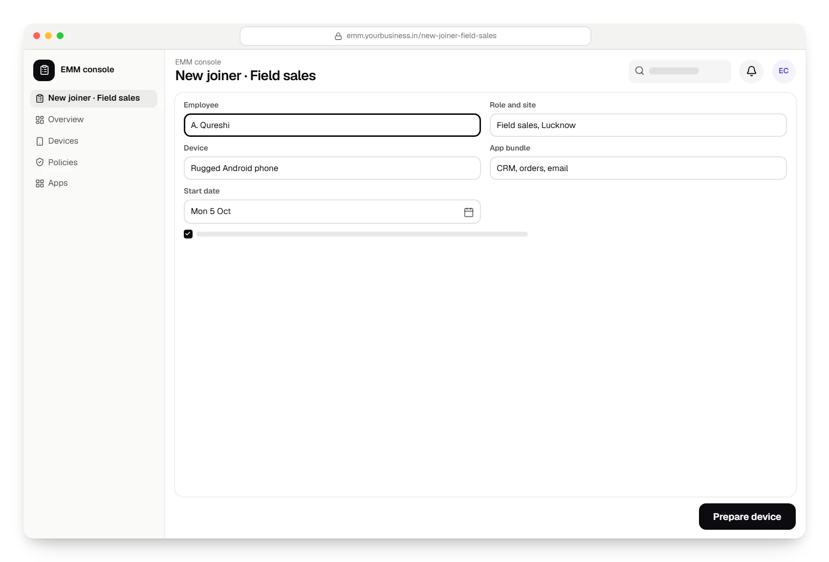 Enterprise mobility management EMM console new joiner in a web browser, with input fields and an action button