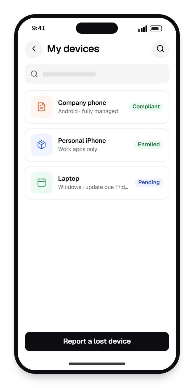 Enterprise mobility management employee portal my devices on a phone, with 3 entries