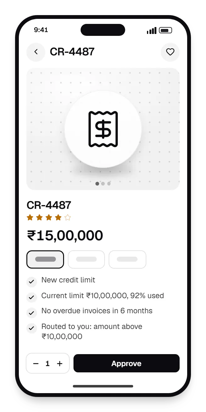 Enterprise software approvals on mobile product page on a phone, for CR-4487, with price and options