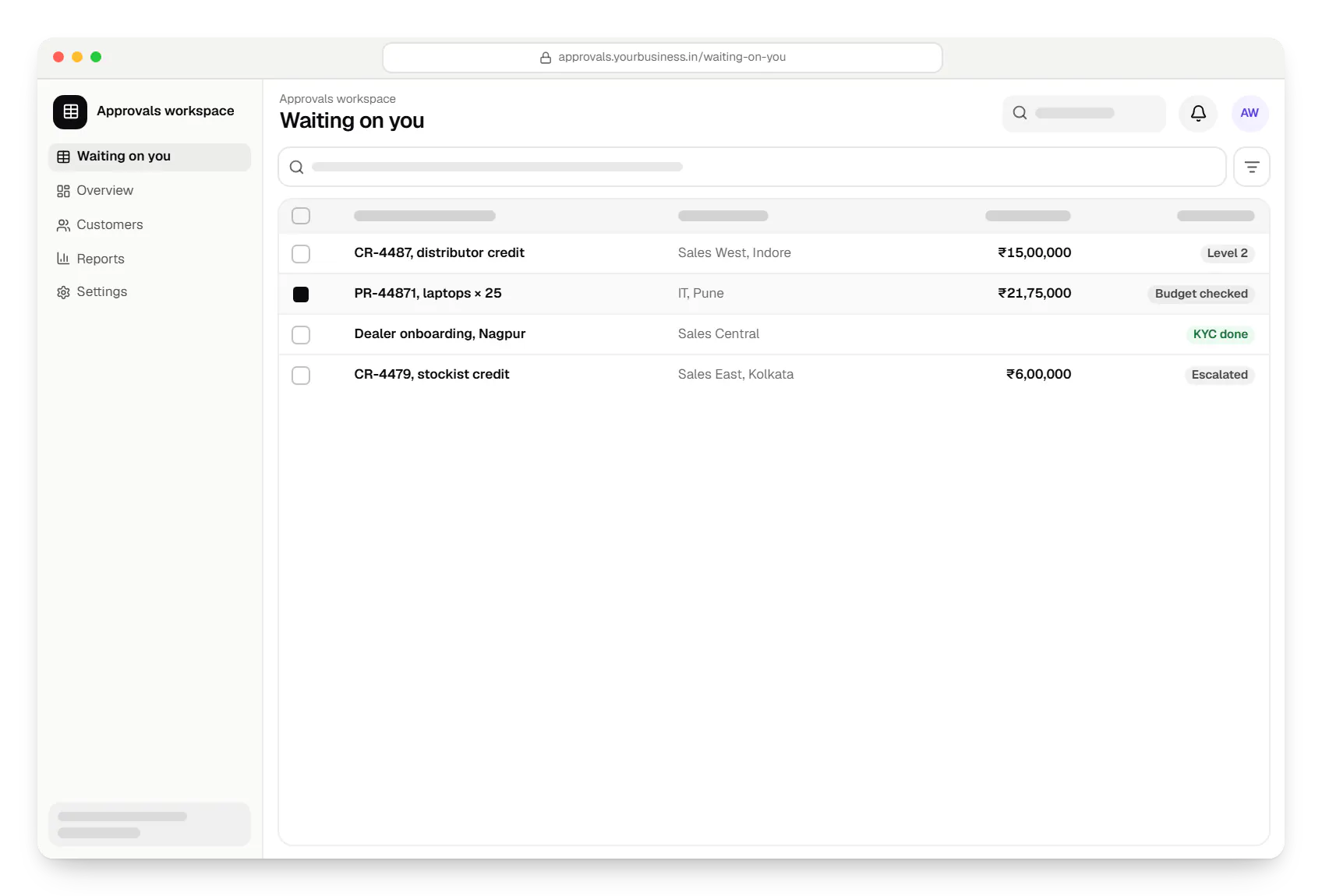 Enterprise software approvals workspace waiting on you table in a web browser, with 4 rows and status labels