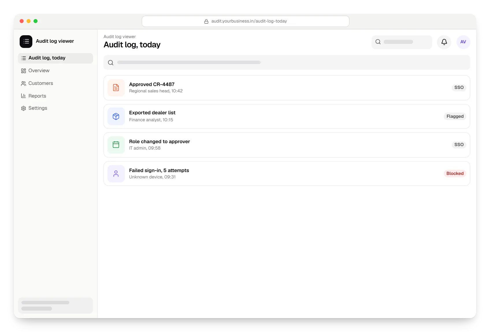 Enterprise software audit log viewer audit log, today in a web browser, with 4 entries