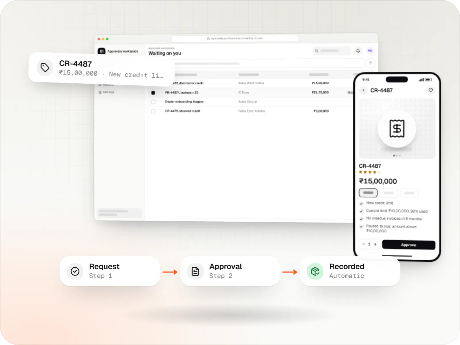 Enterprise software screens: approvals workspace in a browser and approvals on mobile product page on a phone