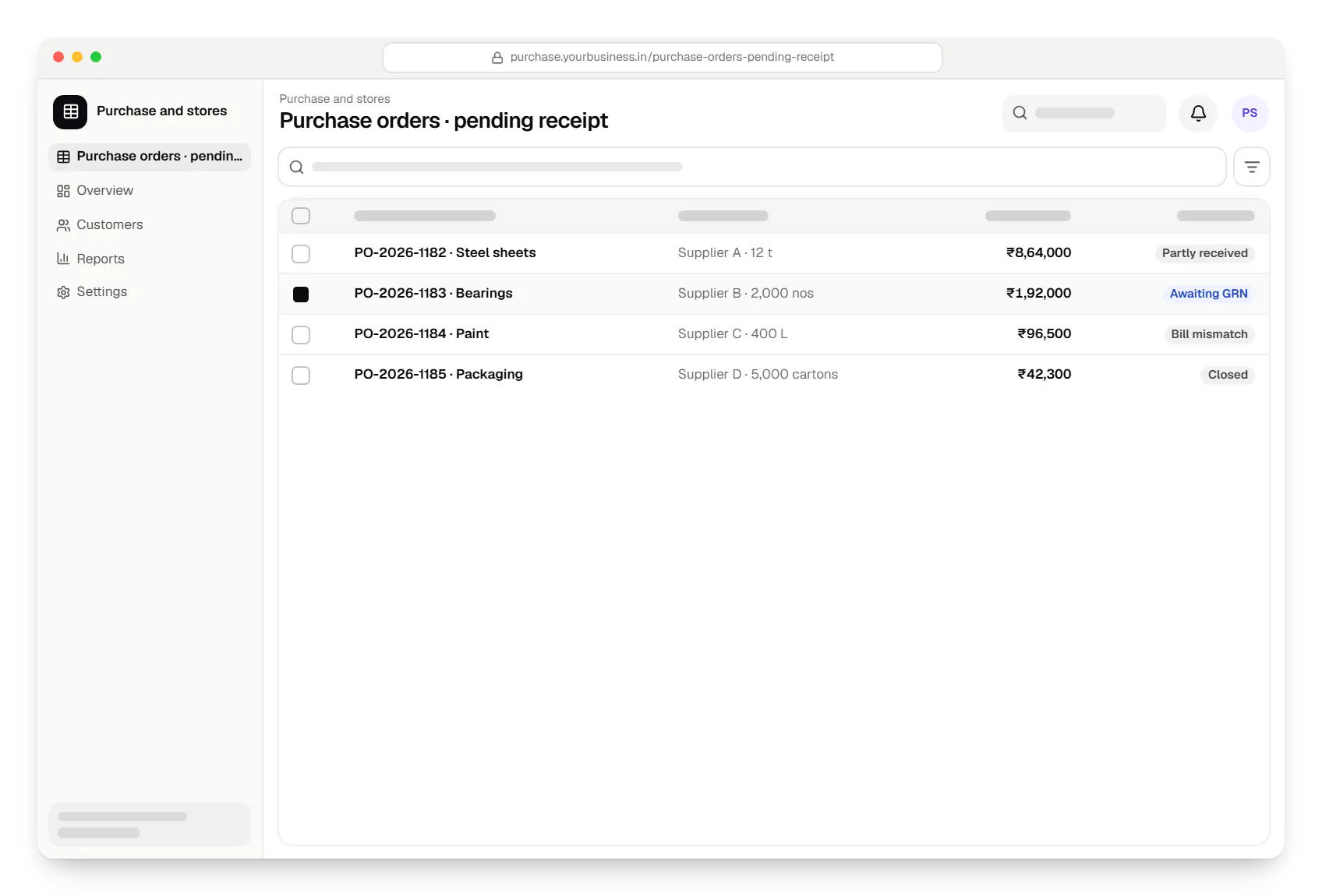 ERP purchase and stores purchase orders table in a web browser, with 4 rows and status labels
