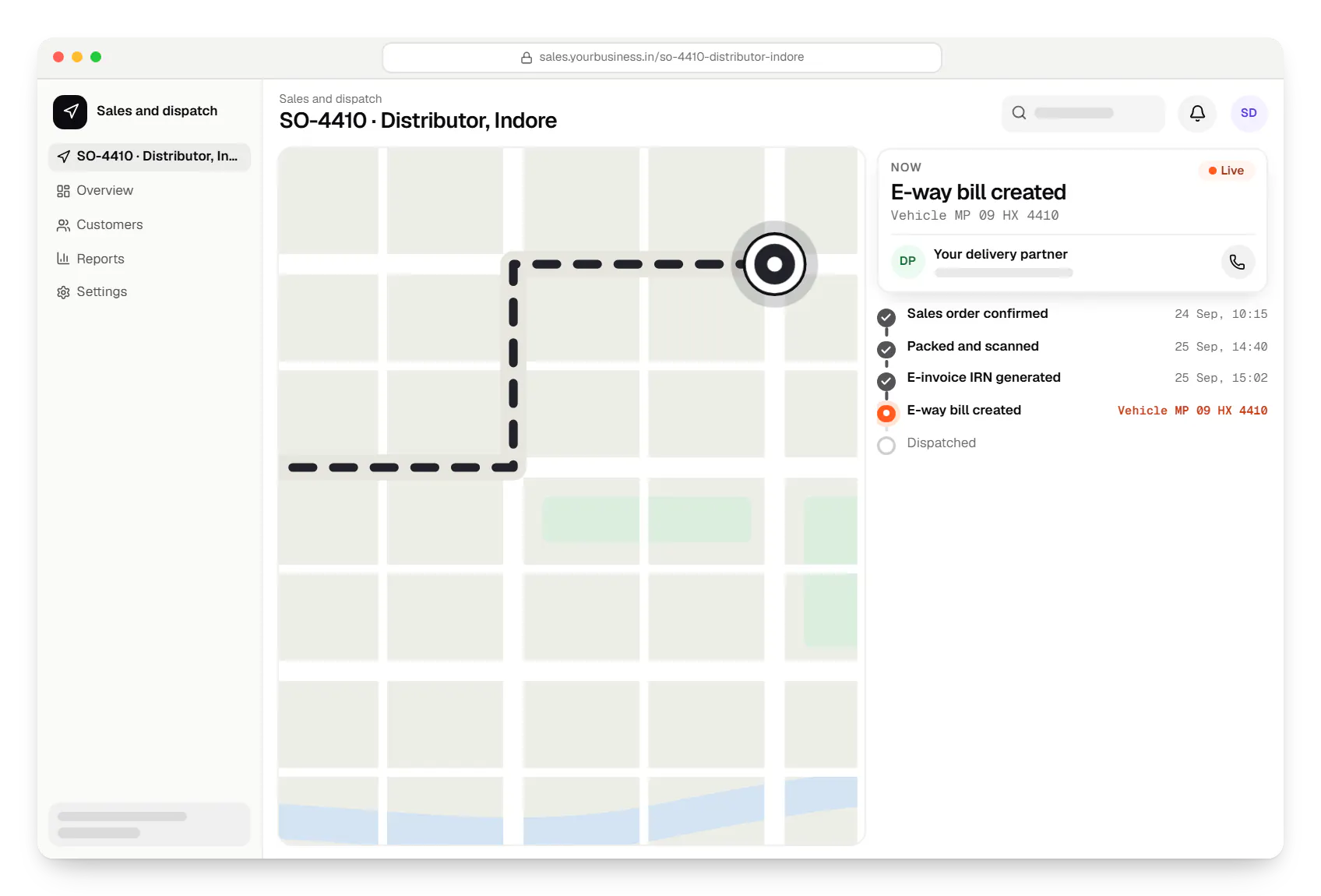 ERP sales and dispatch order tracking in a web browser, with live status steps