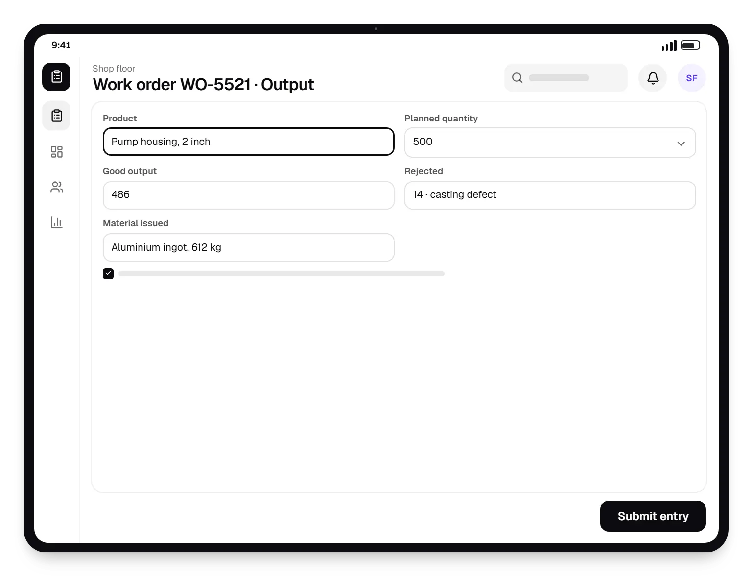 ERP shop floor work order WO-5521 on a tablet, with input fields and an action button