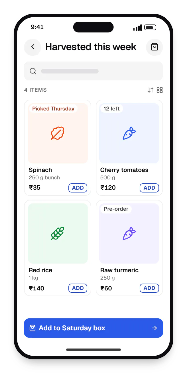 Farm-to-consumer software customer app catalogue on a phone, showing harvested this week with prices
