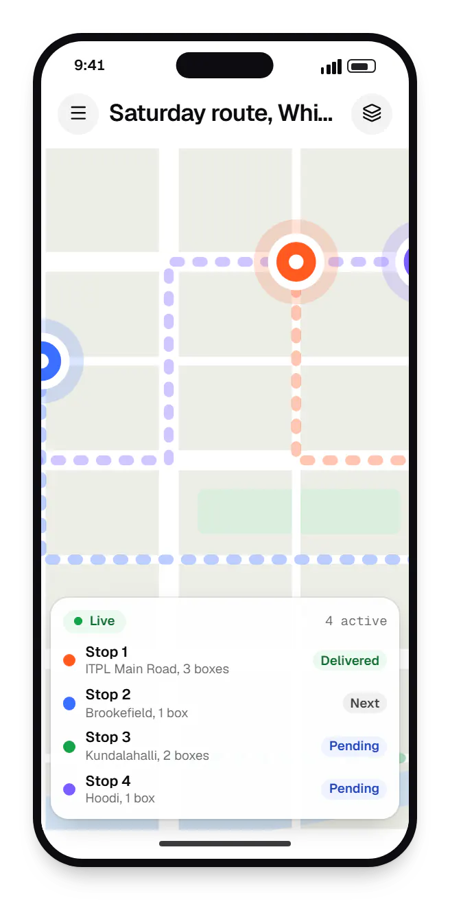 Farm-to-consumer software delivery partner app route map on a phone, with stops and live positions