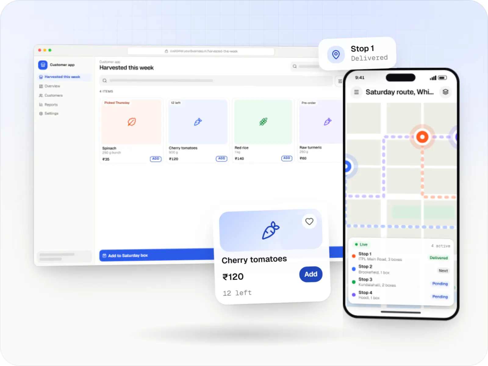 Farm-to-consumer software screens: storefront catalogue in a browser and delivery partner app on a phone
