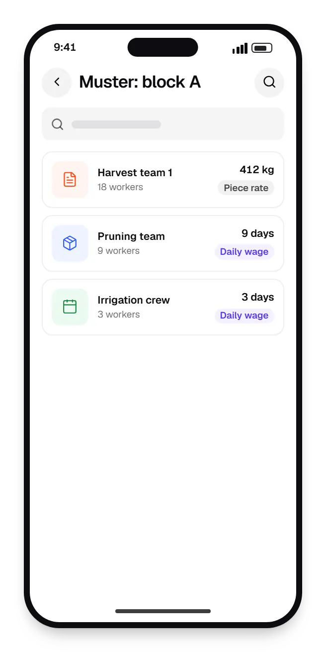 Farming software supervisor app muster: block A on a phone, with 3 entries