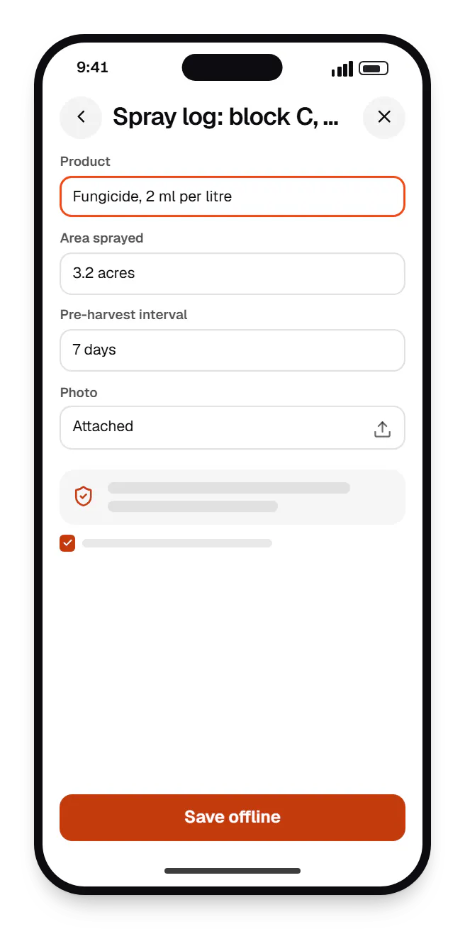 Farming software supervisor app spray log: block C, grapes on a phone, with input fields and an action button