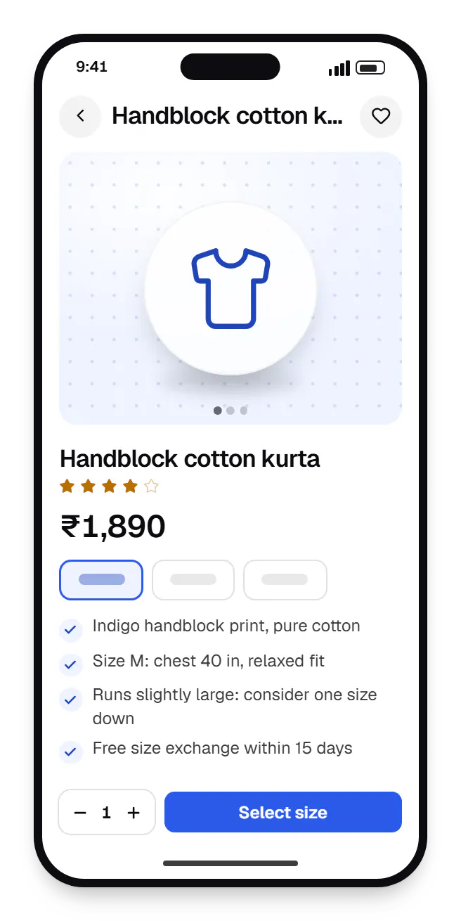 Fashion and apparel software shopper app product page on a phone, for handblock cotton kurta, with price and options