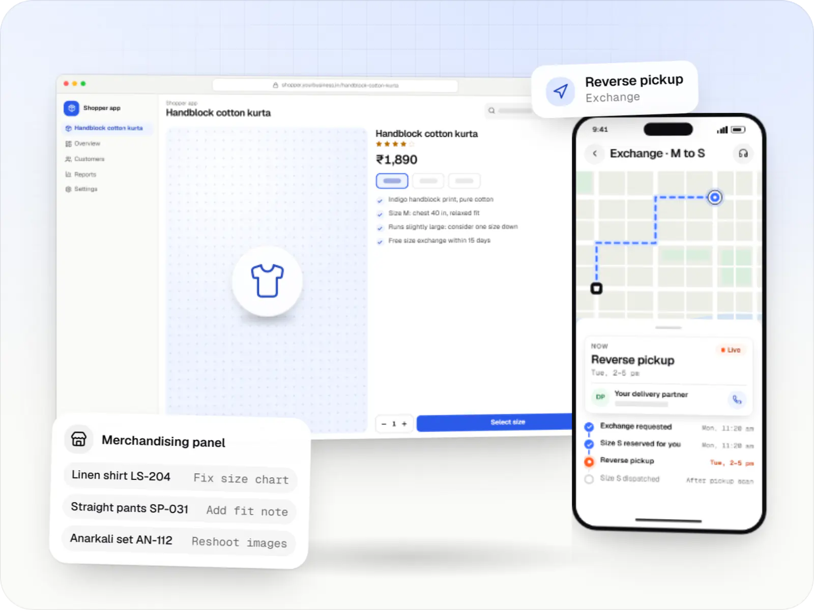 Fashion and apparel software screens: storefront catalogue in a browser, shopper app on a phone and a seller orders card