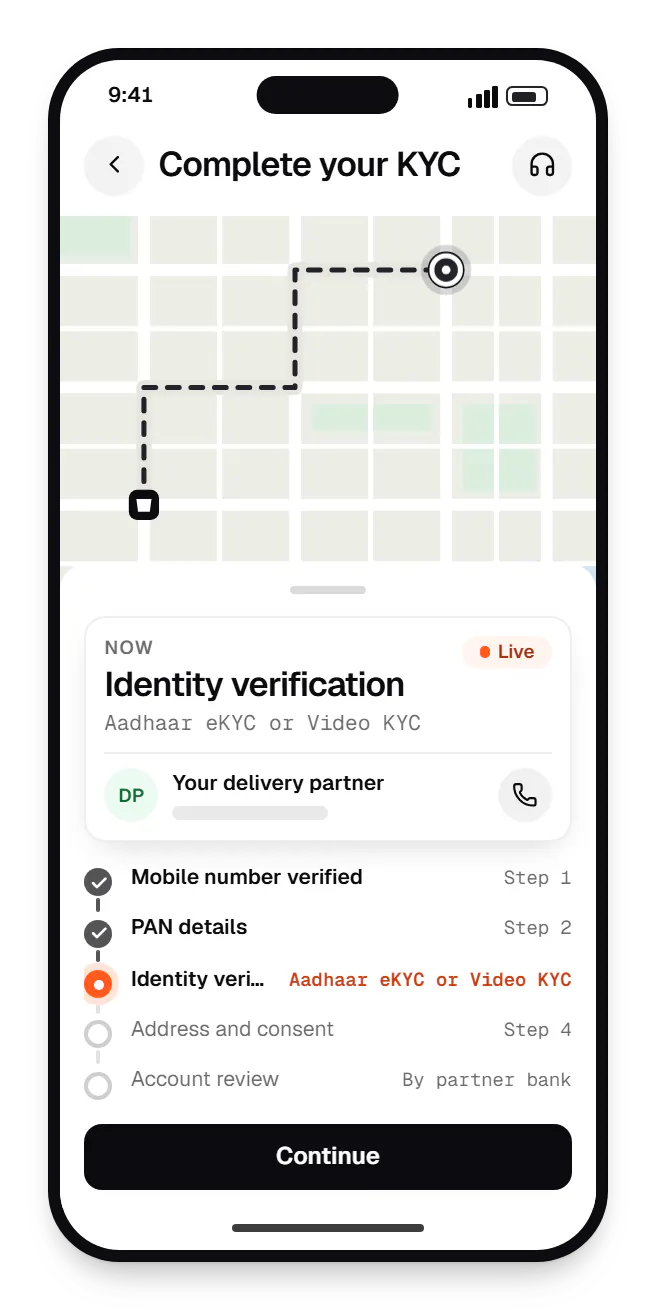 Fintech customer app order tracking on a phone, with live status steps