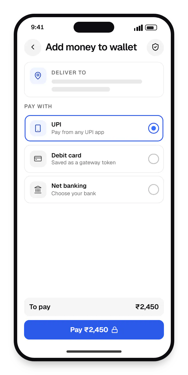 Fintech software customer app checkout on a phone, with UPI, debit card and net banking options