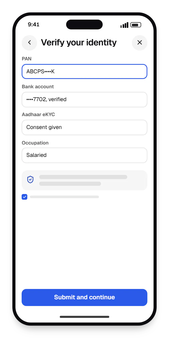Fintech software customer app verify your identity on a phone, with input fields and an action button