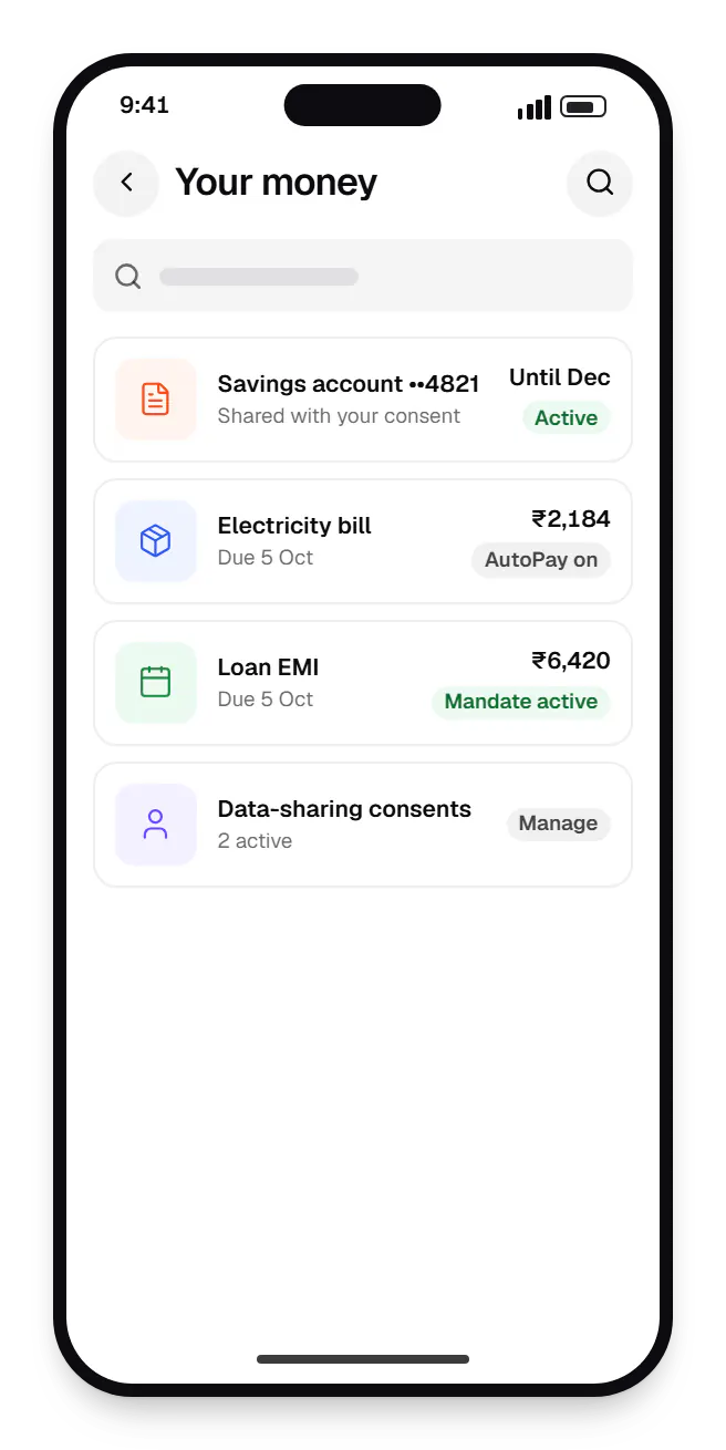 Fintech software customer app your money on a phone, with 4 entries