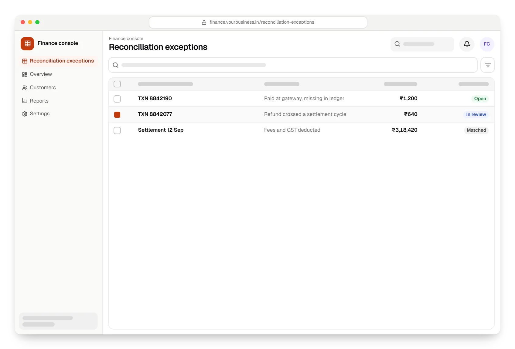 Fintech software finance console reconciliation exceptions table in a web browser, with 3 rows and status labels