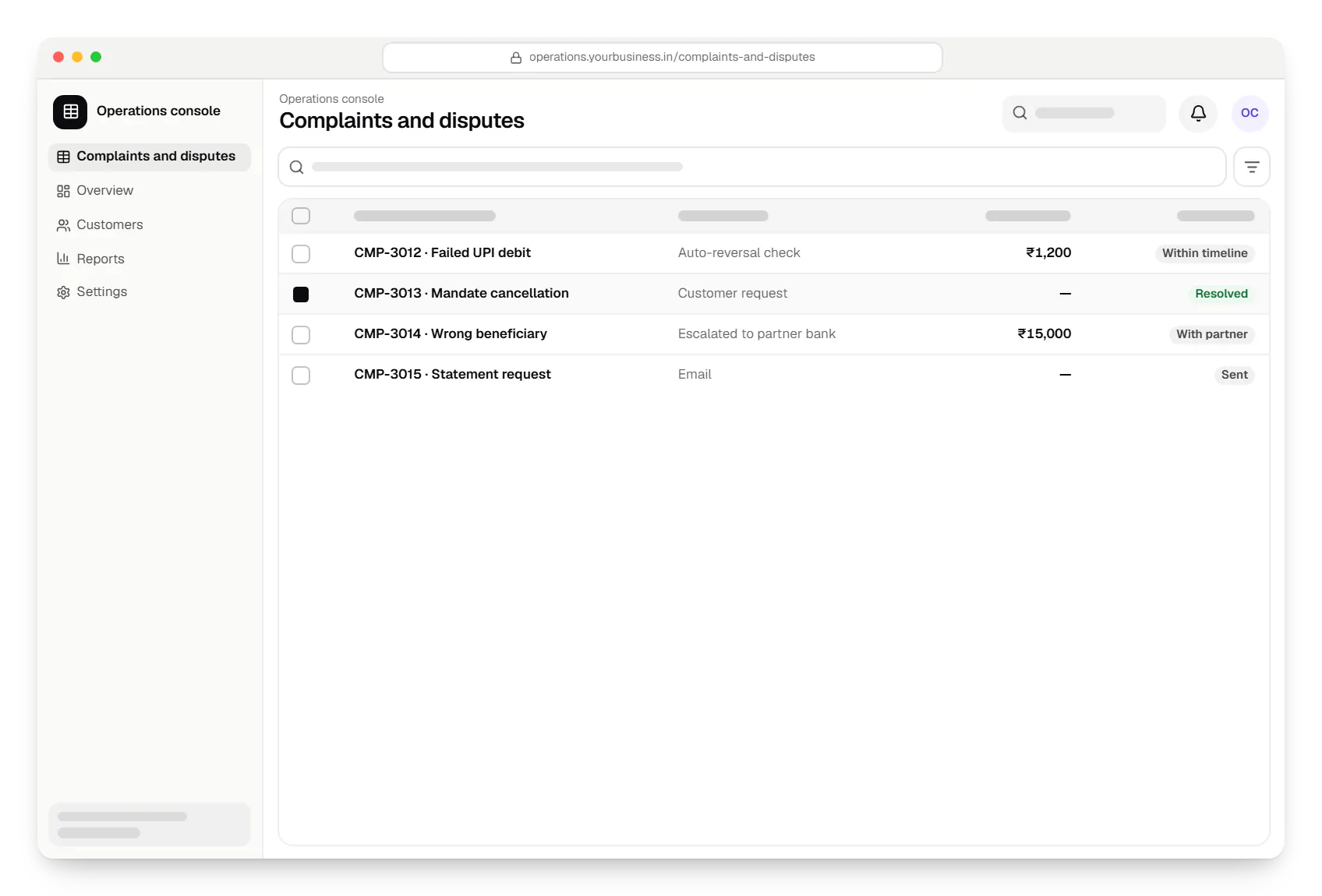 Fintech software operations console complaints and disputes table in a web browser, with 4 rows and status labels