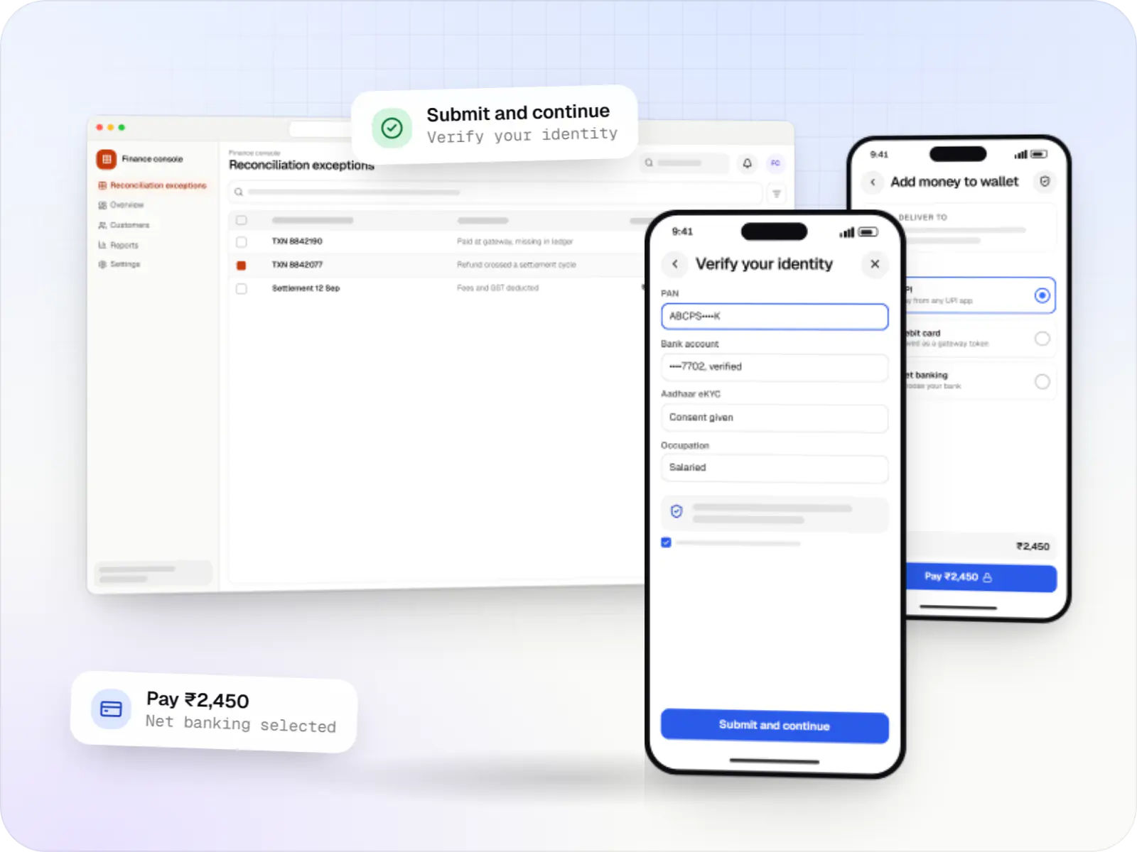 Fintech software screens: finance console in a browser and customer app on two phones