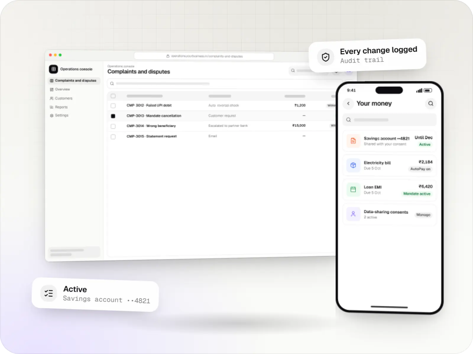 Fintech software screens: operations console in a browser and customer app on a phone