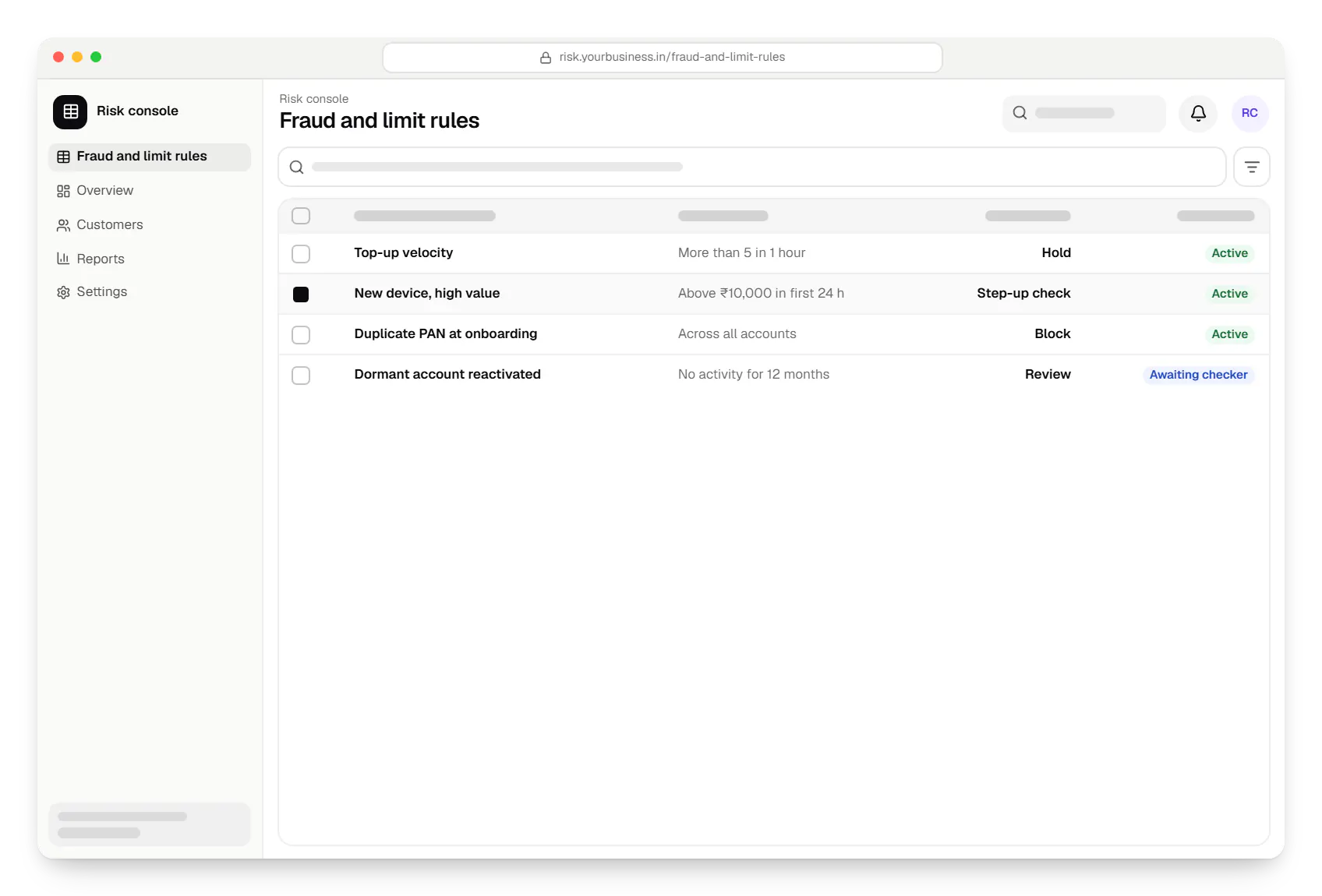 Fintech software risk console fraud and limit rules table in a web browser, with 4 rows and status labels