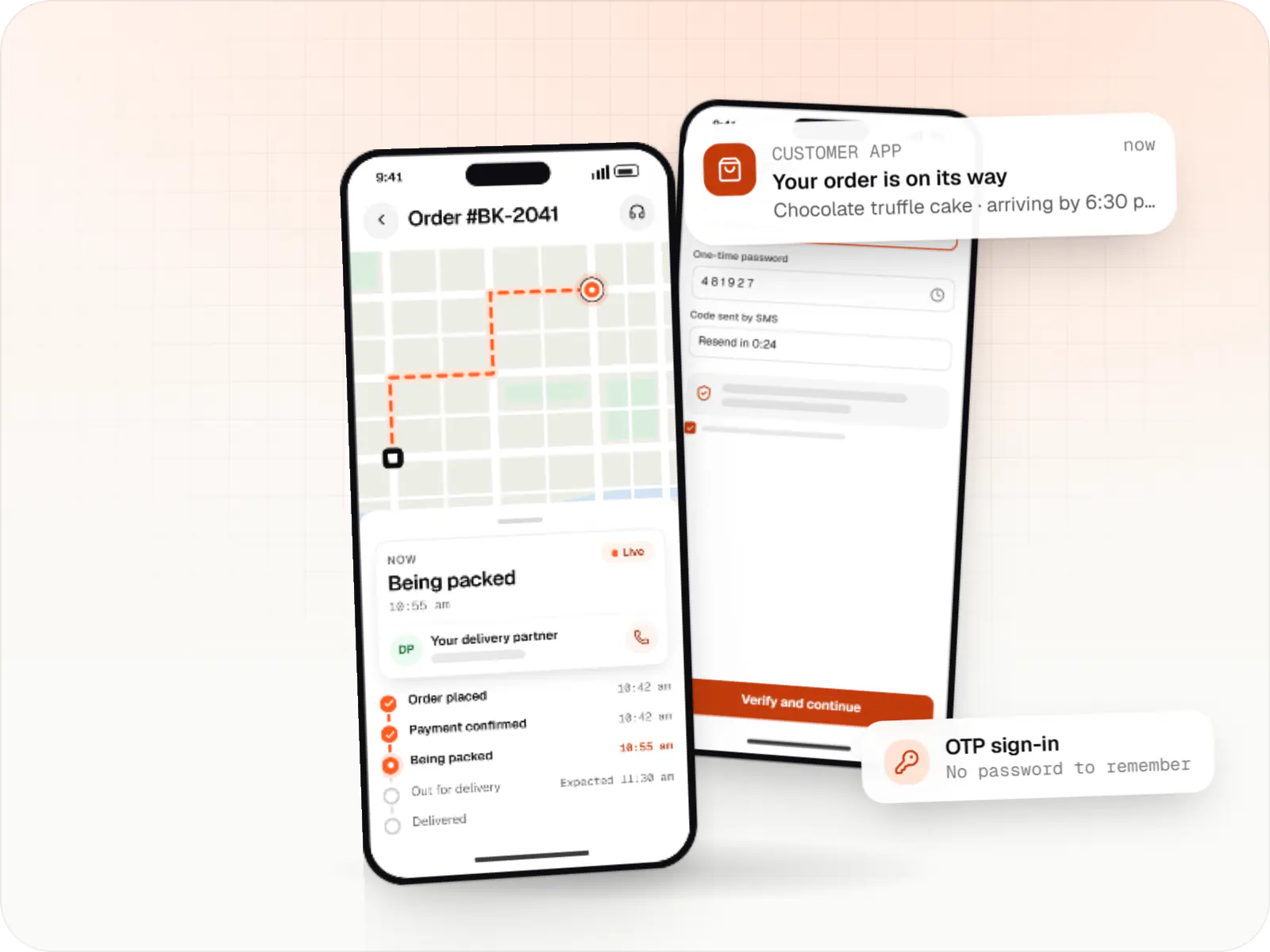 Phone app using Firebase: a push notification over order tracking and a one-time-password sign-in