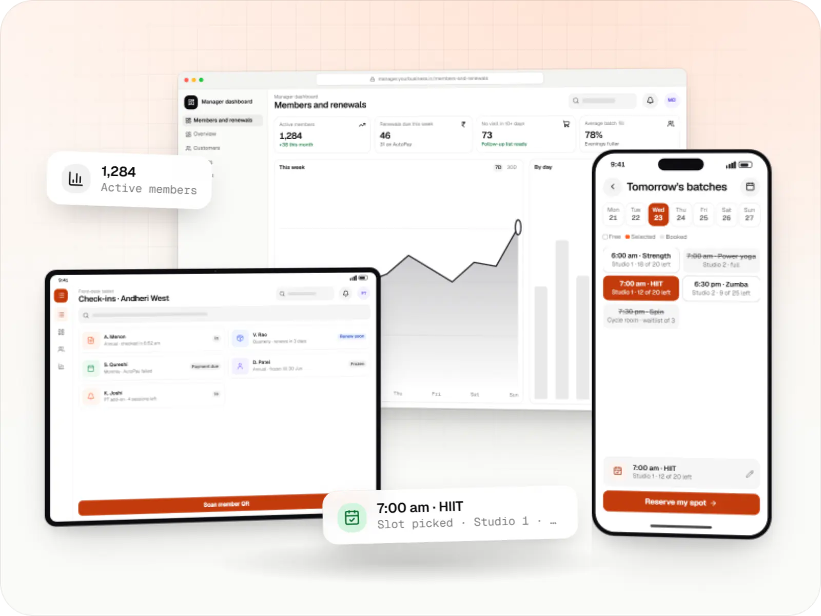 Fitness and wellness software screens: manager dashboard in a browser, front-desk tablet and member app on a phone