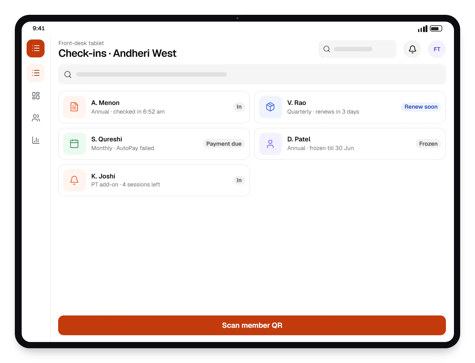 Fitness and wellness software front-desk tablet check-ins on a tablet, with 5 entries