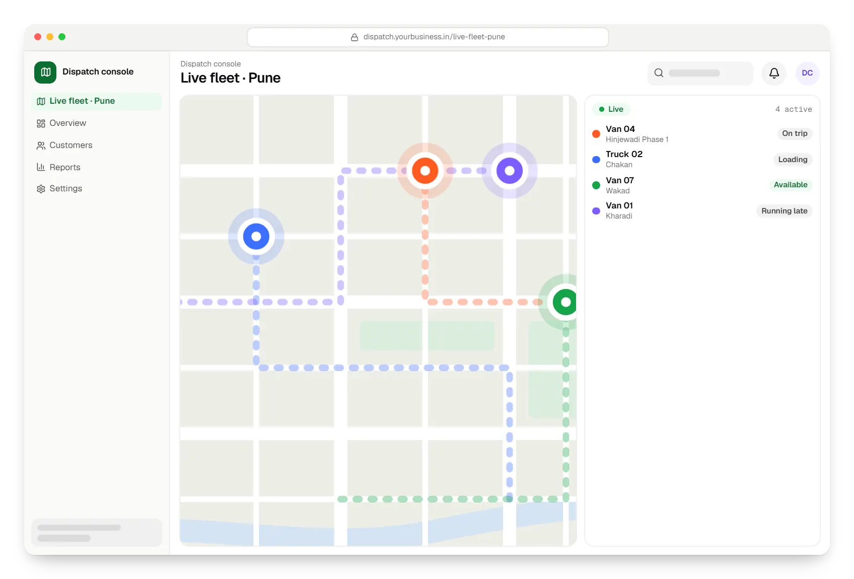Fleet & management SaaS dispatch console route map in a web browser, with stops and live positions