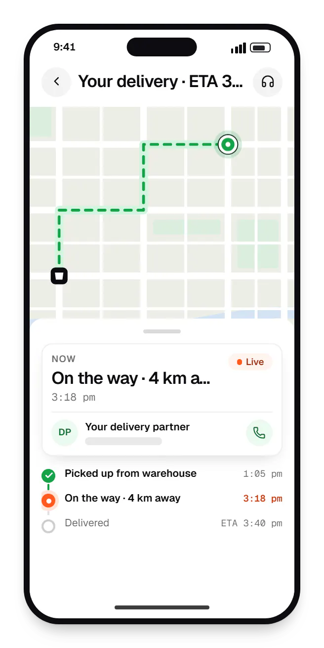 Fleet & dispatch management SaaS customer tracking link order tracking on a phone, with live status steps