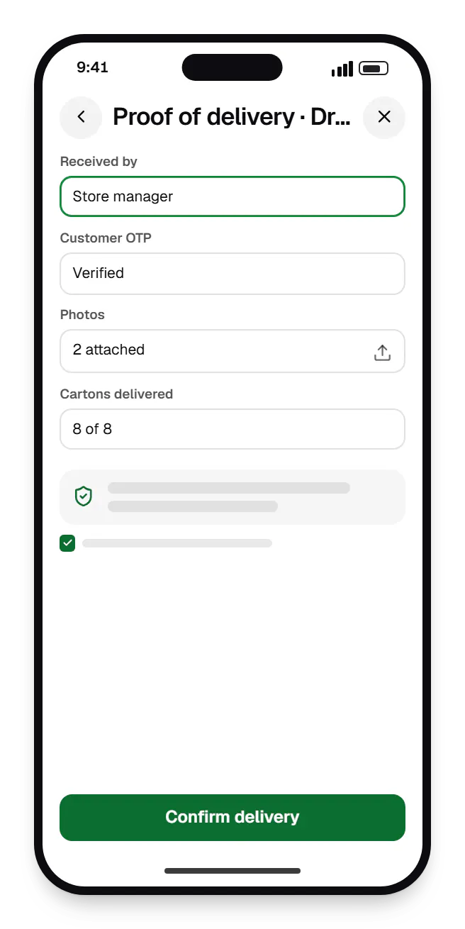 Fleet & dispatch management SaaS driver app proof of delivery on a phone, with input fields and an action button