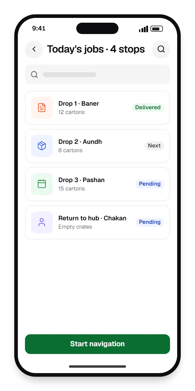 Fleet & dispatch management SaaS driver app today's jobs on a phone, with 4 entries