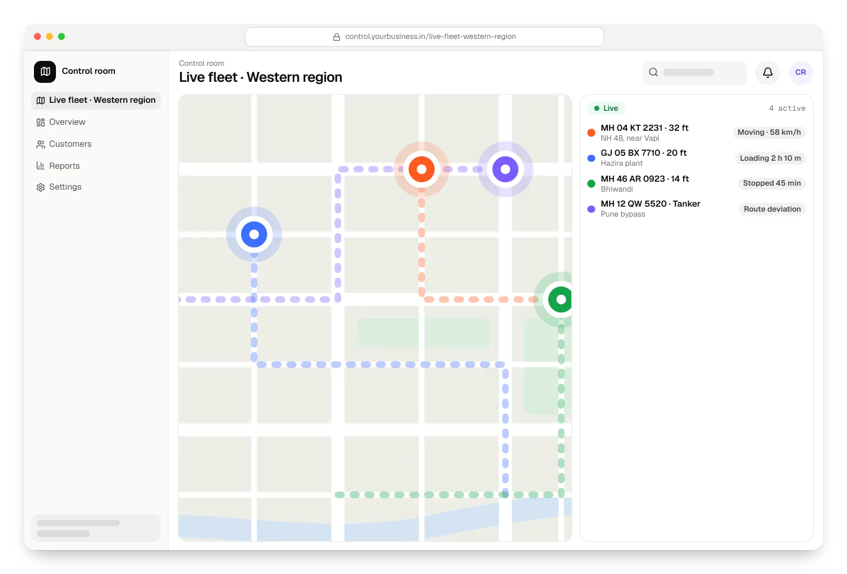 Fleet management software control room route map in a web browser, with stops and live positions