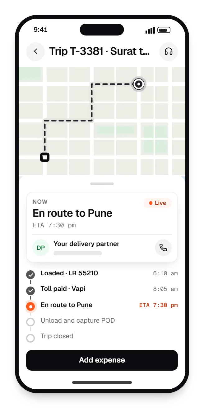 Fleet management software driver app order tracking on a phone, with live status steps