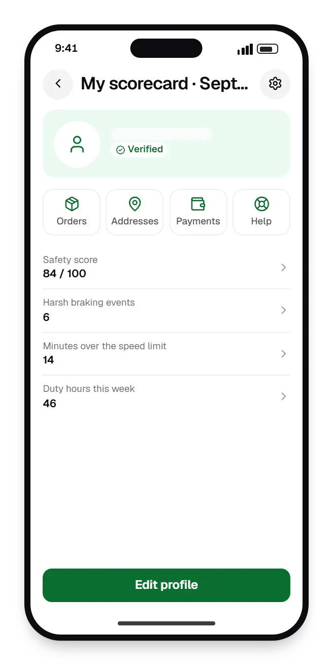 Fleet management software driver app profile on a phone, with account details