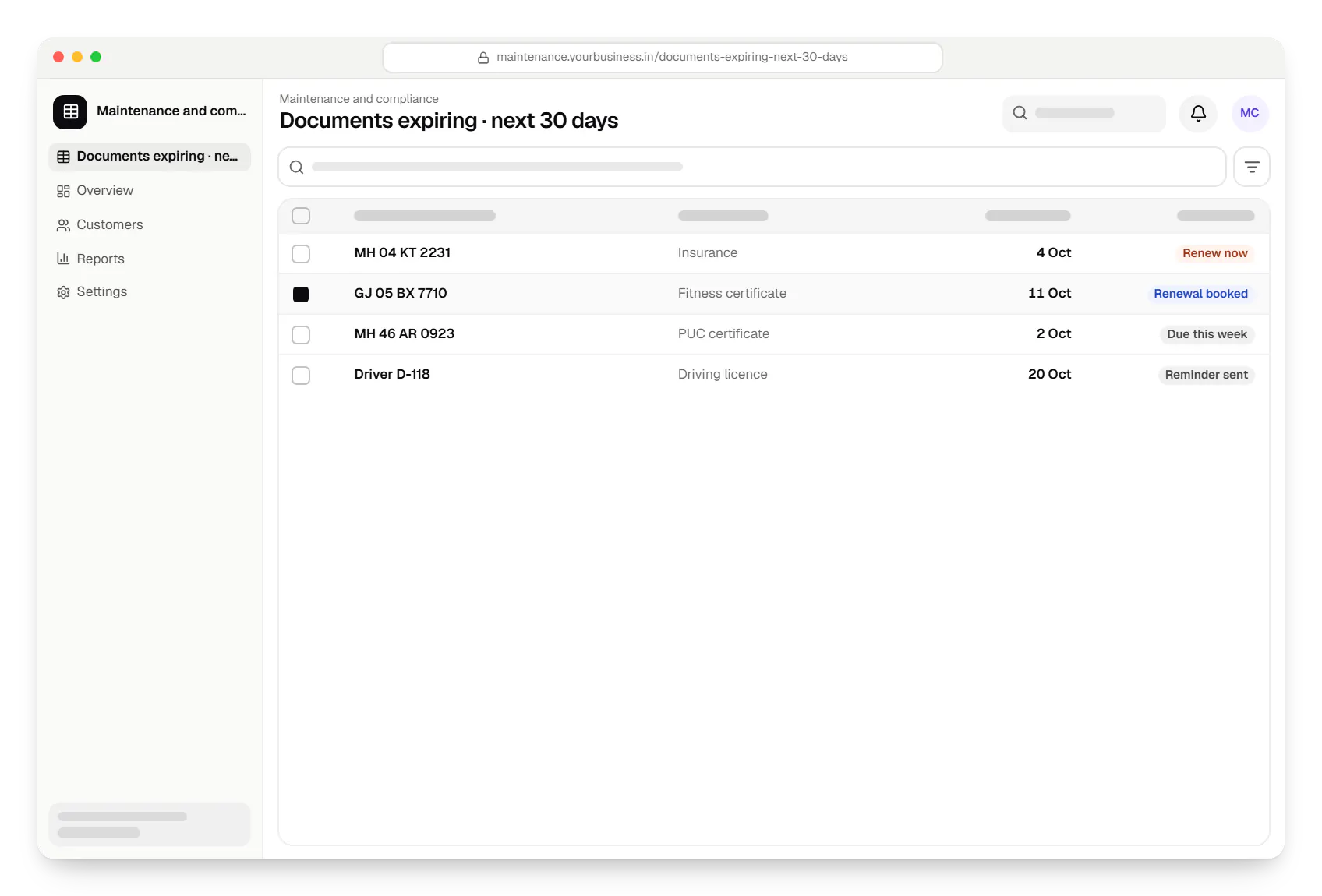 Fleet management software maintenance and compliance documents expiring table in a web browser, with 4 rows and status labels