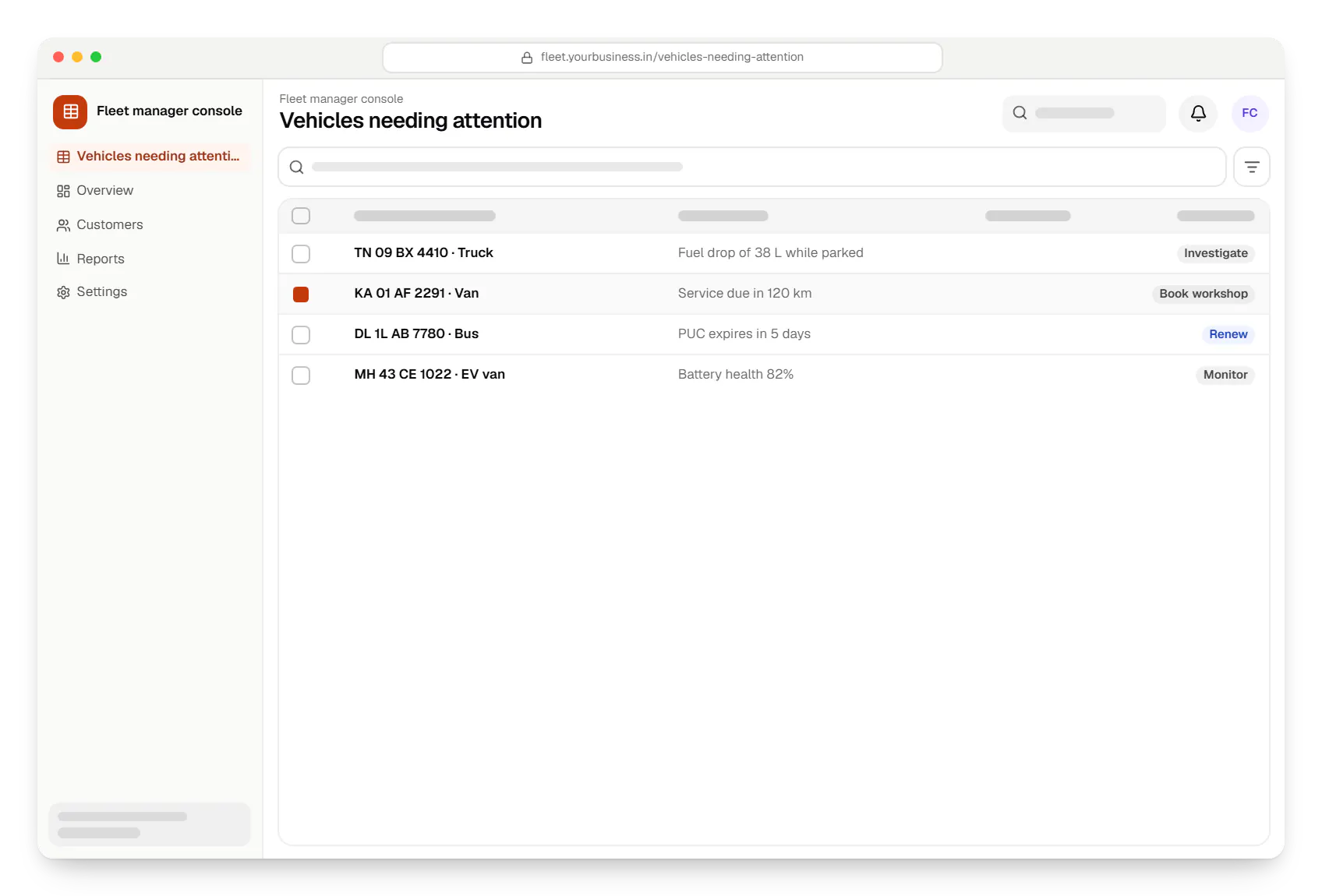 Management software fleet manager console vehicles needing attention table in a web browser, with 4 rows and status labels