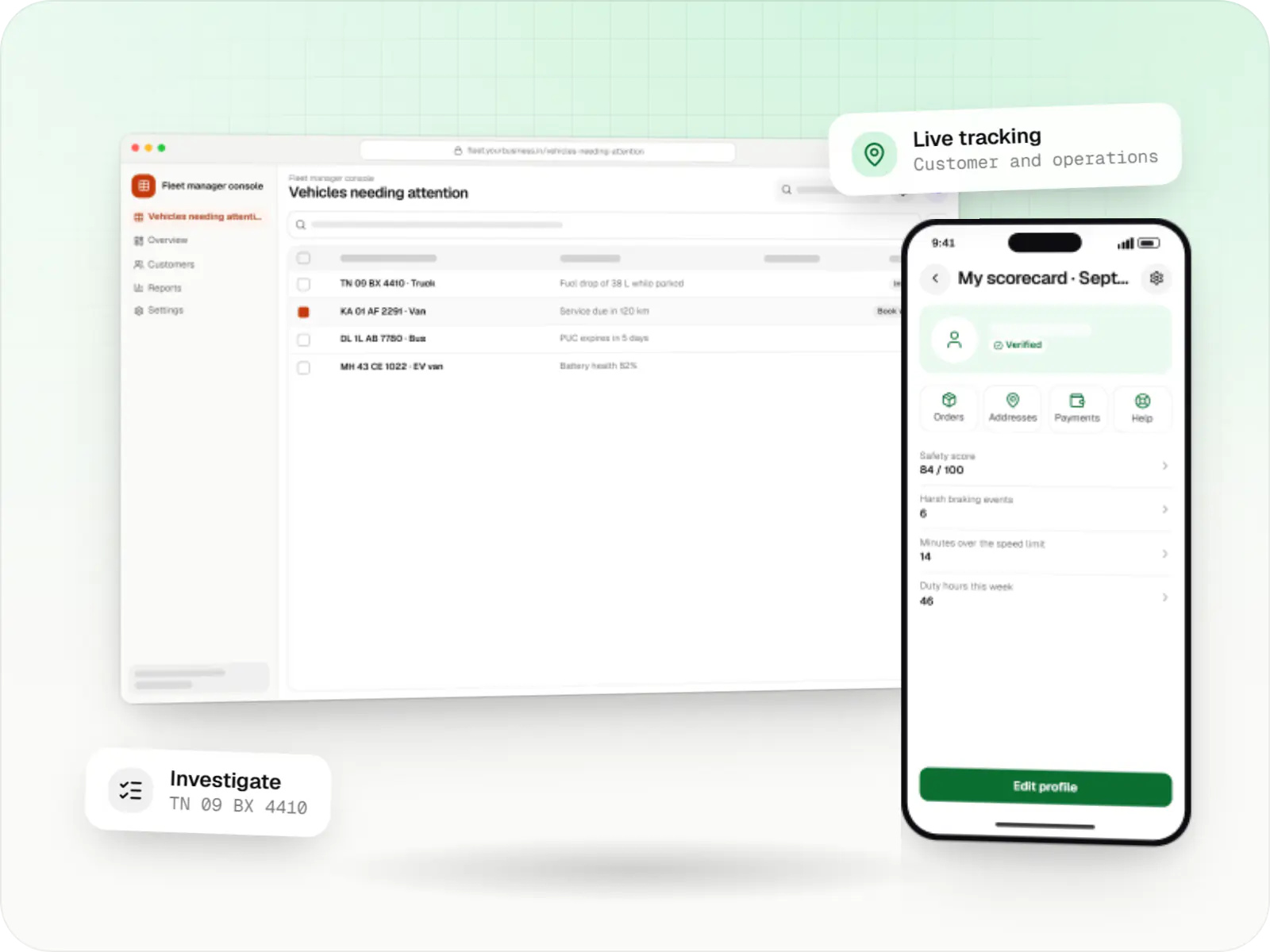 Fleet management software screens: fleet manager console in a browser and driver app on a phone