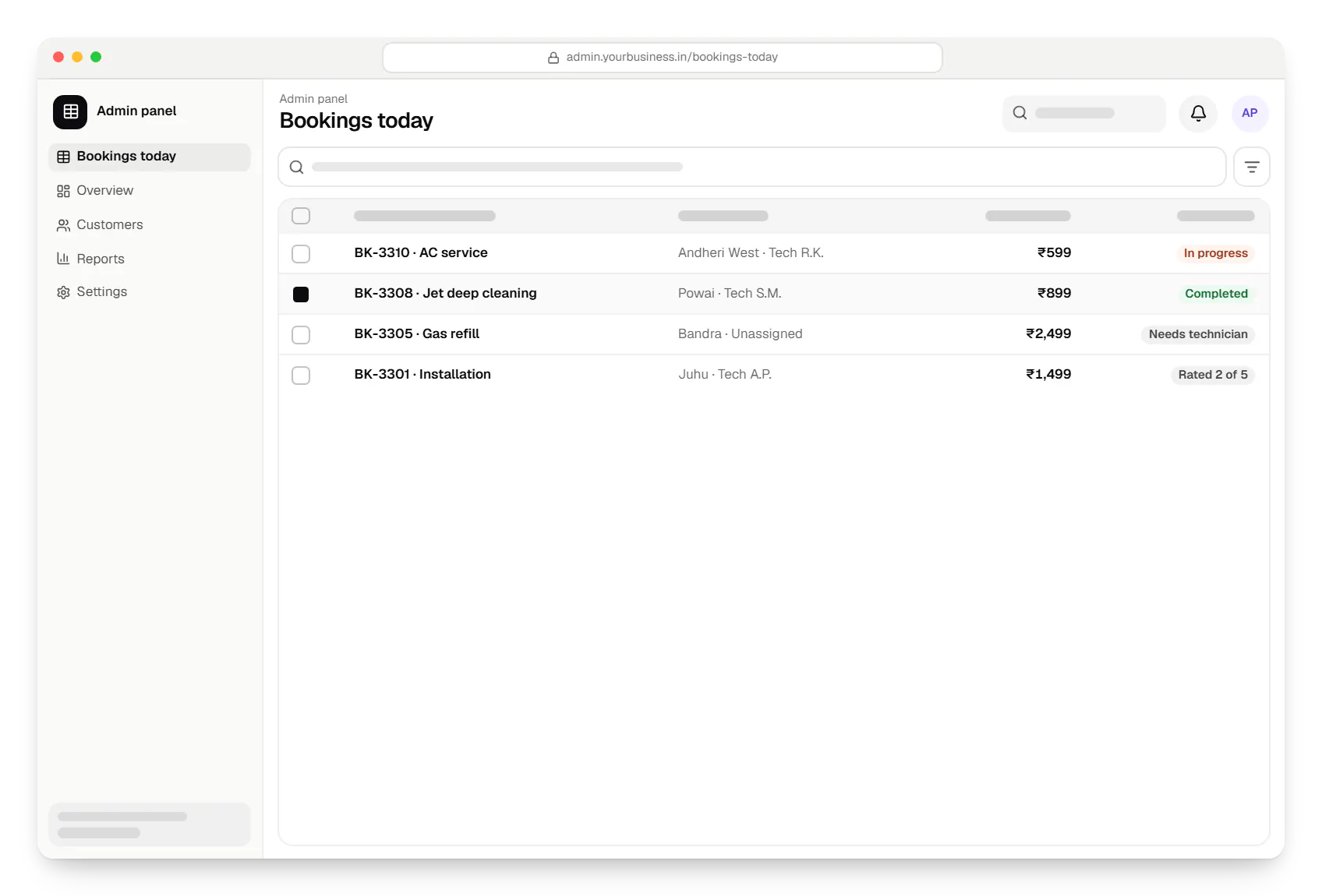Flutter admin panel bookings today table in a web browser, with 4 rows and status labels