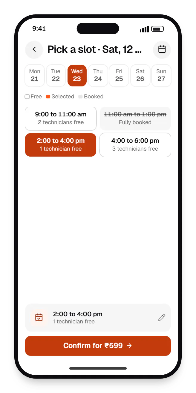 Flutter customer app booking slots on a phone, with open time slots