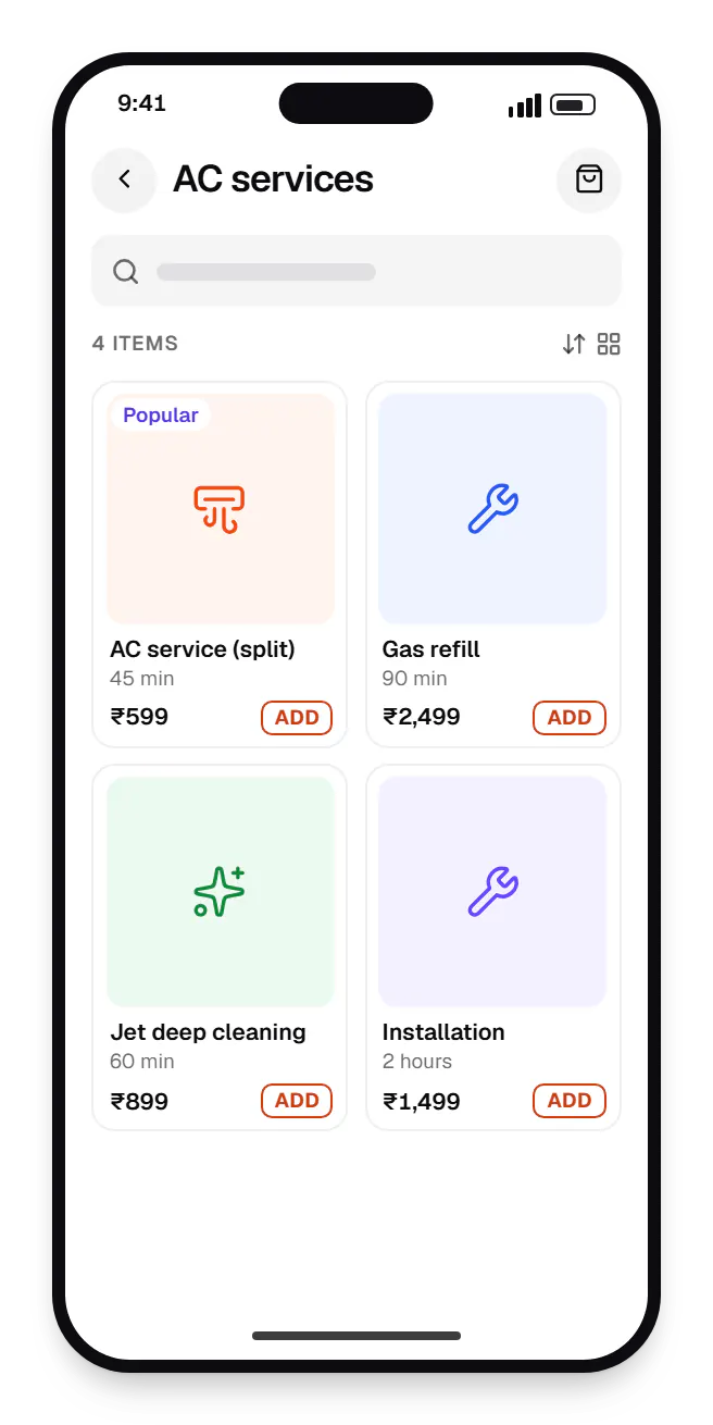 Flutter customer app catalogue on a phone, showing AC services with prices