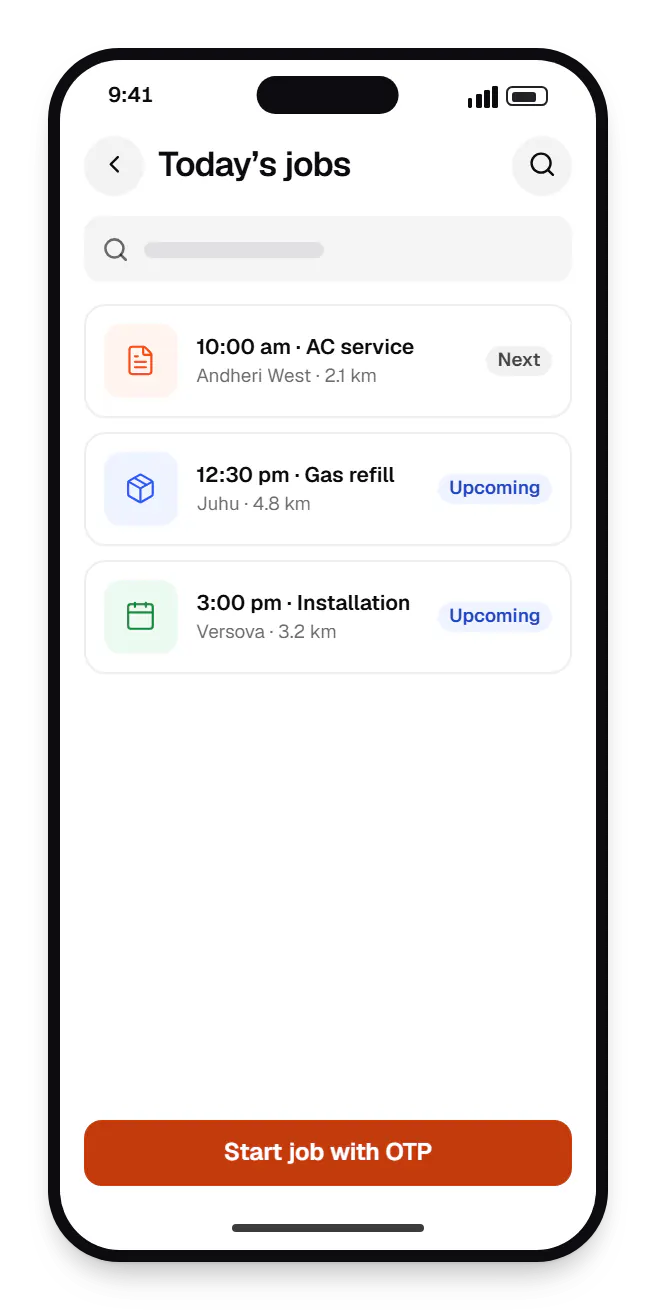 Flutter technician app today’s jobs on a phone, with 3 entries