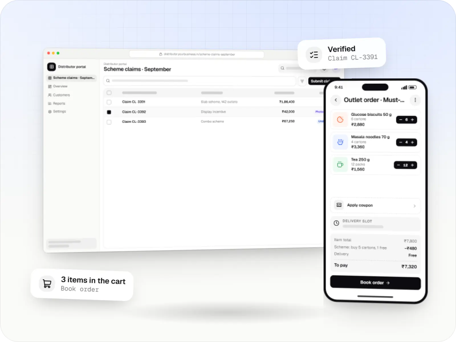FMCG software screens: distributor portal in a browser and sales force app on a phone