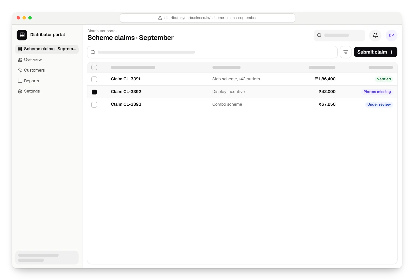 FMCG software distributor portal scheme claims table in a web browser, with 3 rows and status labels