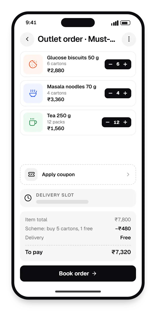 FMCG software sales force app cart on a phone, with 4 items and the order total