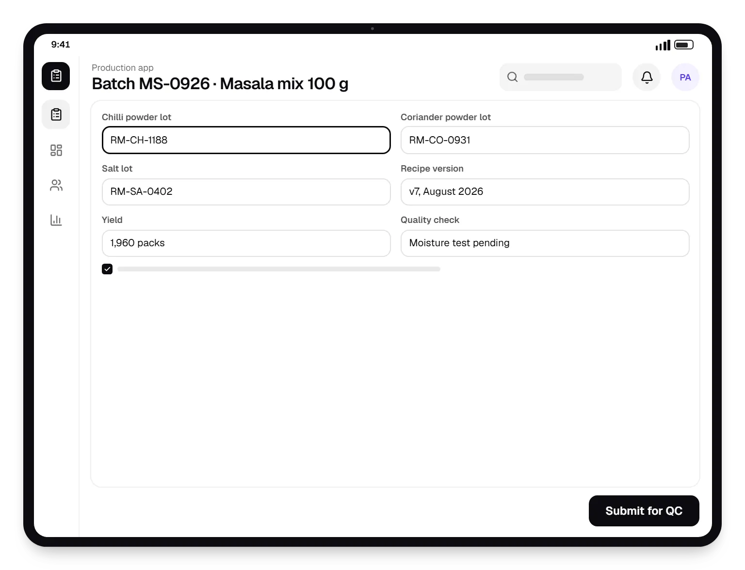 Food and beverage software production app batch MS-0926 on a tablet, with input fields and an action button